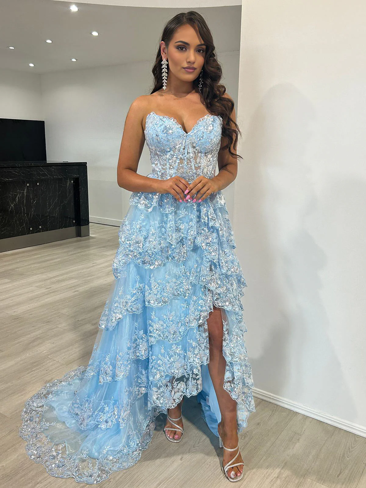 Light Blue Strapless Ruffle Tiered Long Prom Dress with Slit