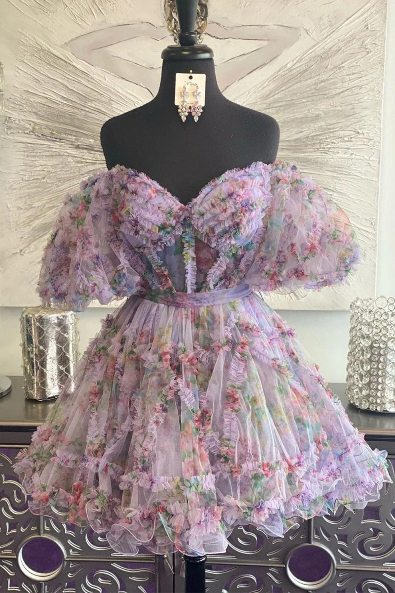 Light Purple A Line Off the Shoulder Printed Homecoming Dress