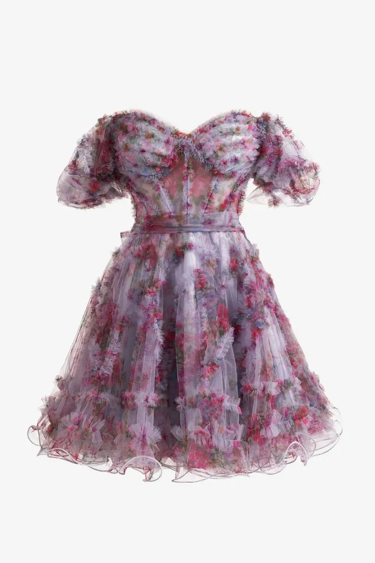 Light Purple A Line Off the Shoulder Printed Homecoming Dress