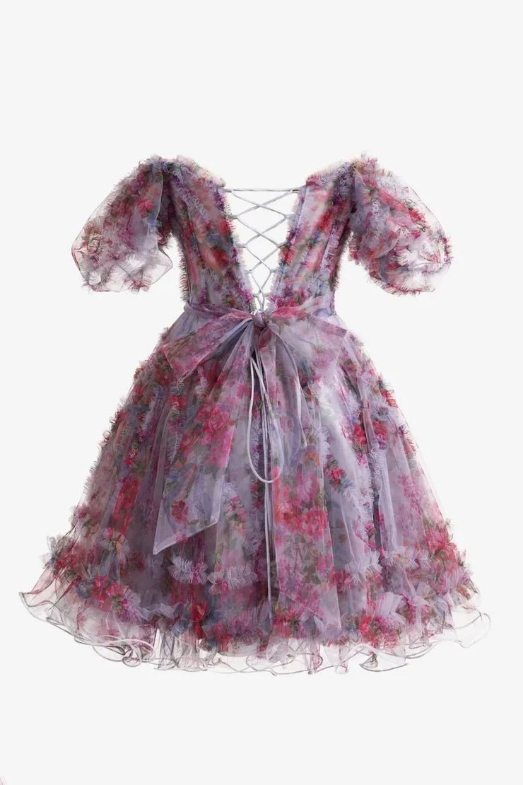 Light Purple A Line Off the Shoulder Printed Homecoming Dress