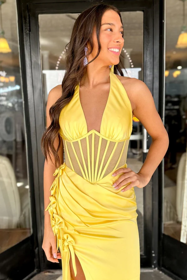 Low V Neck Halter Bow Knot High Side Slit and Train Prom Dress