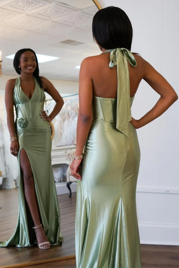 Low V Neck Halter Skeeveless Flower High Side Slit and Train Prom Dress
