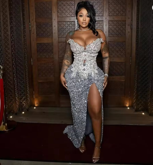 Luxury Sequin Prom Dresses 2K25 For Black Girls Diamond Beads Slit Evening Gowns Mermaid Party Dress Robes De Soirée Customized