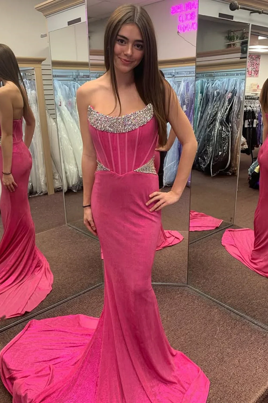 Mermaid Boat Neck Sleeveless Pleated Beaded Glitter Prom Dress