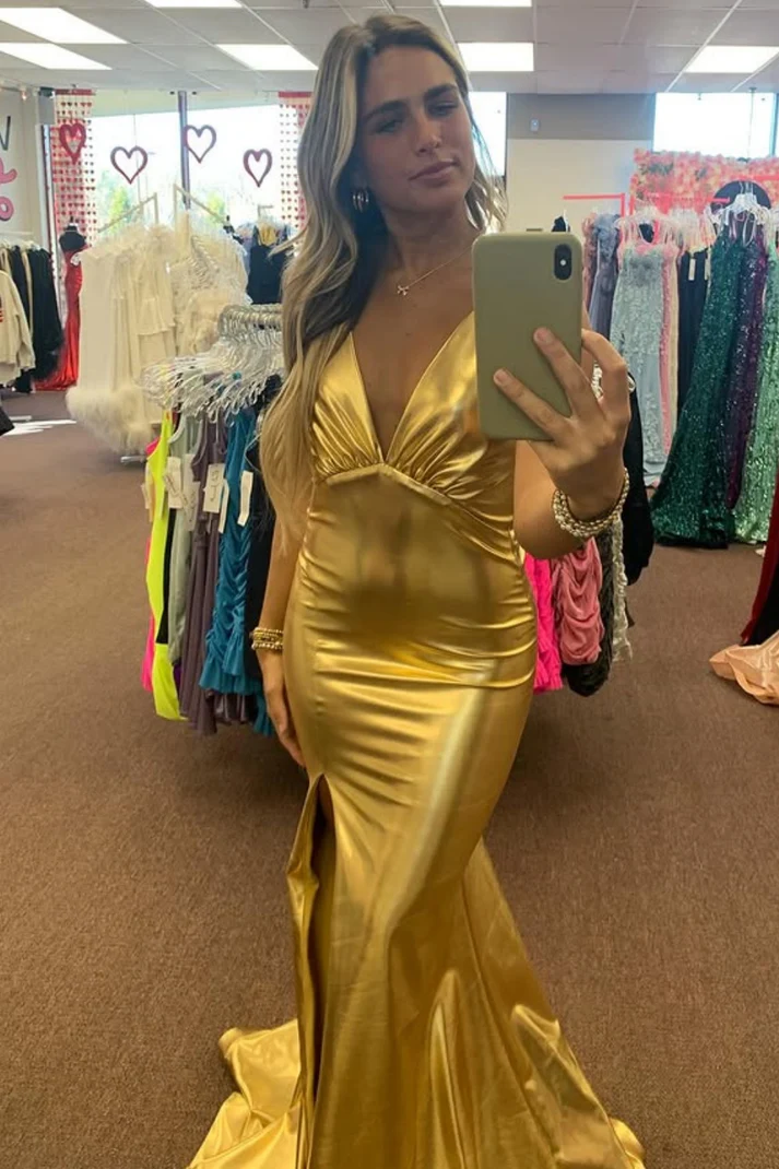 Mermaid Low V Neck Halter Sleeveless Pleated Open Back Side Slit Prom Dress