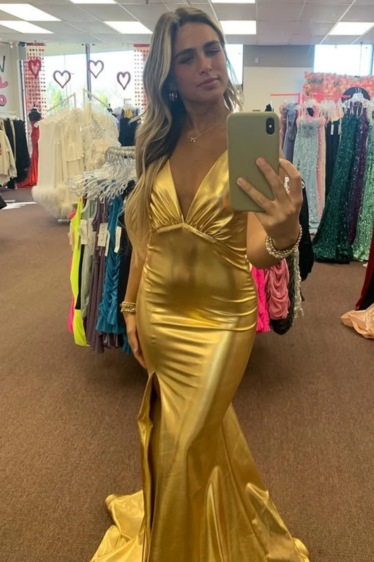 Mermaid Low V Neck Halter Sleeveless Pleated Open Back Side Slit Prom Dress