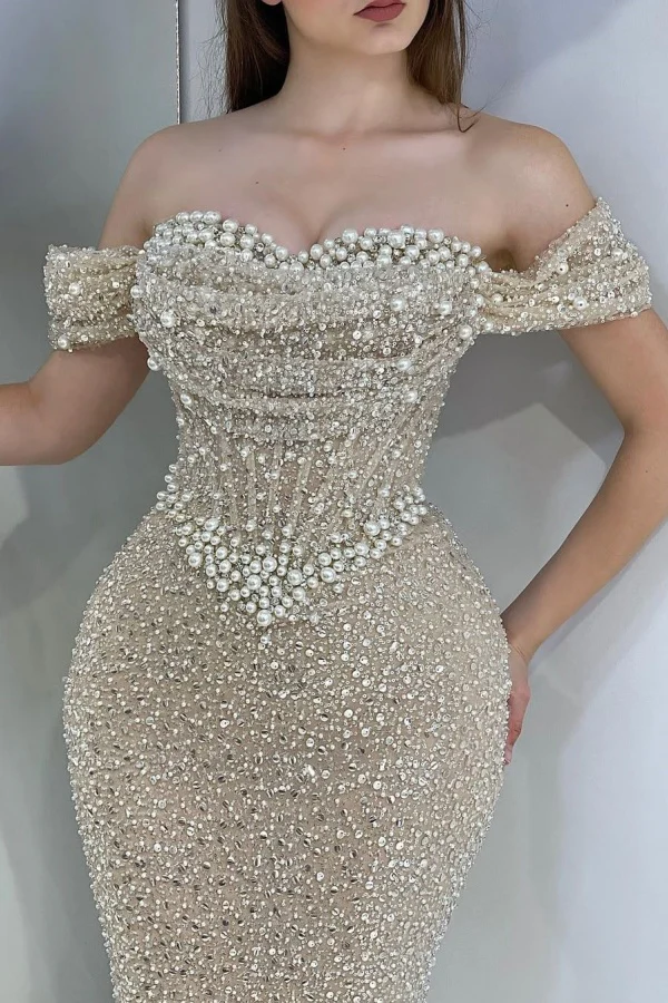 Mermaid Off Shoulder Sequins Beaded Pearl Prom Party Dress