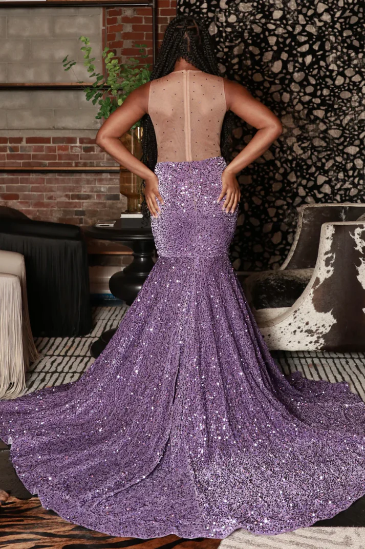 Mermaid V Neck Straps Sleeveless Beaded Velvet Sequins Lavenda Prom Dress