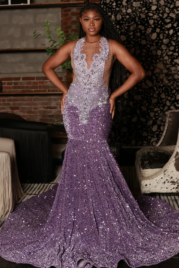 Mermaid V Neck Straps Sleeveless Beaded Velvet Sequins Lavenda Prom Dress