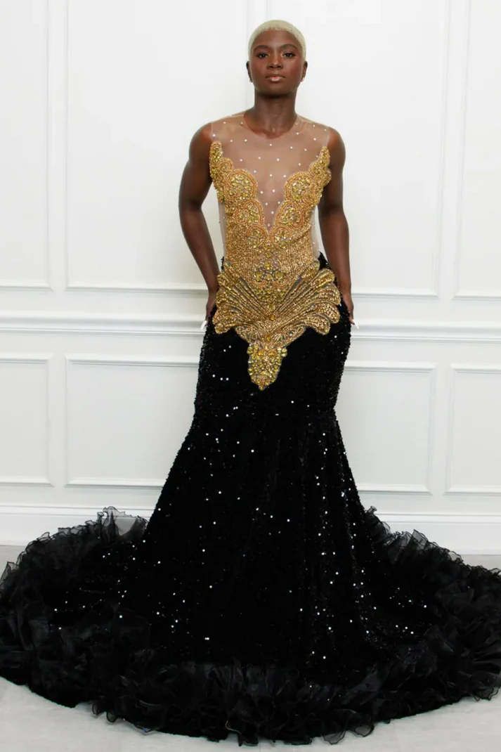 Mermaid V Neck Straps Sleeveless Gold Beaded Ruffles Tiered Velvet Sequins Prom Dress