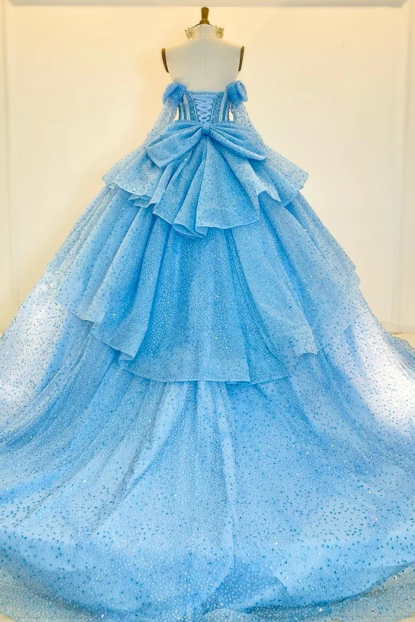 Off Shoulder Long Sleeves Blue Sweet 15 Quinceañera Dress with Bow Knot Beaded Sequins