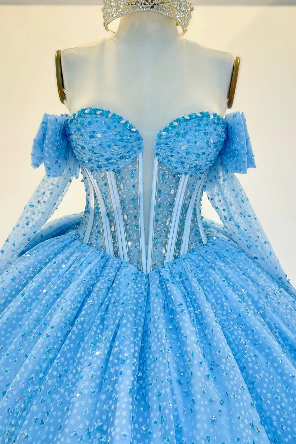 Off Shoulder Long Sleeves Blue Sweet 15 Quinceañera Dress with Bow Knot Beaded Sequins