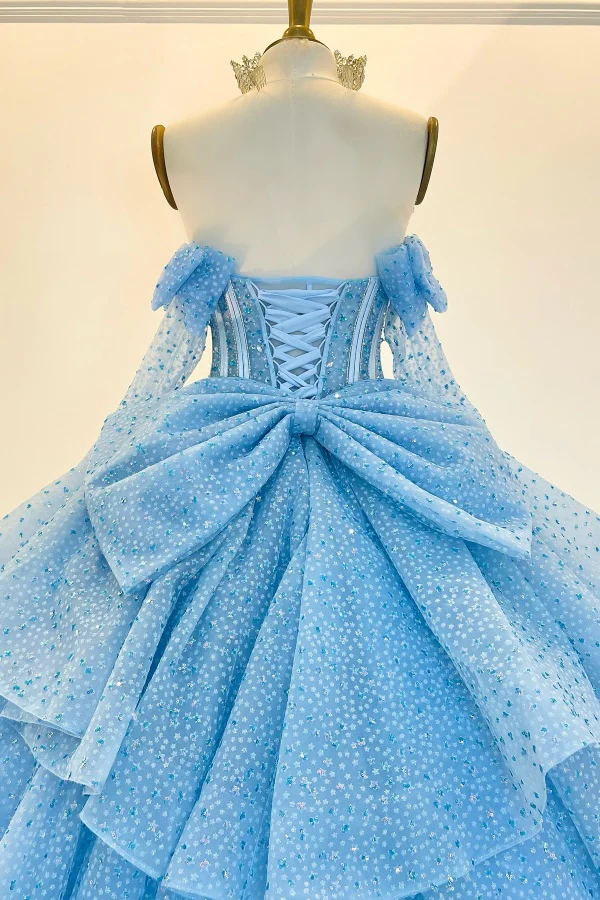 Off Shoulder Long Sleeves Blue Sweet 15 Quinceañera Dress with Bow Knot Beaded Sequins
