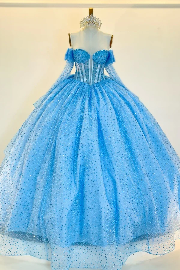 Off Shoulder Long Sleeves Blue Sweet 15 Quinceañera Dress with Bow Knot Beaded Sequins