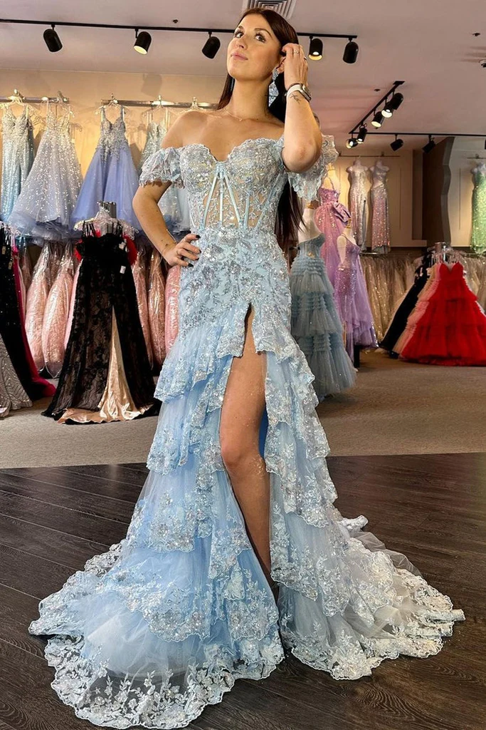 Off Shoulder Sequin Lace Tulle Tiered Long Sweep Train Prom Dress