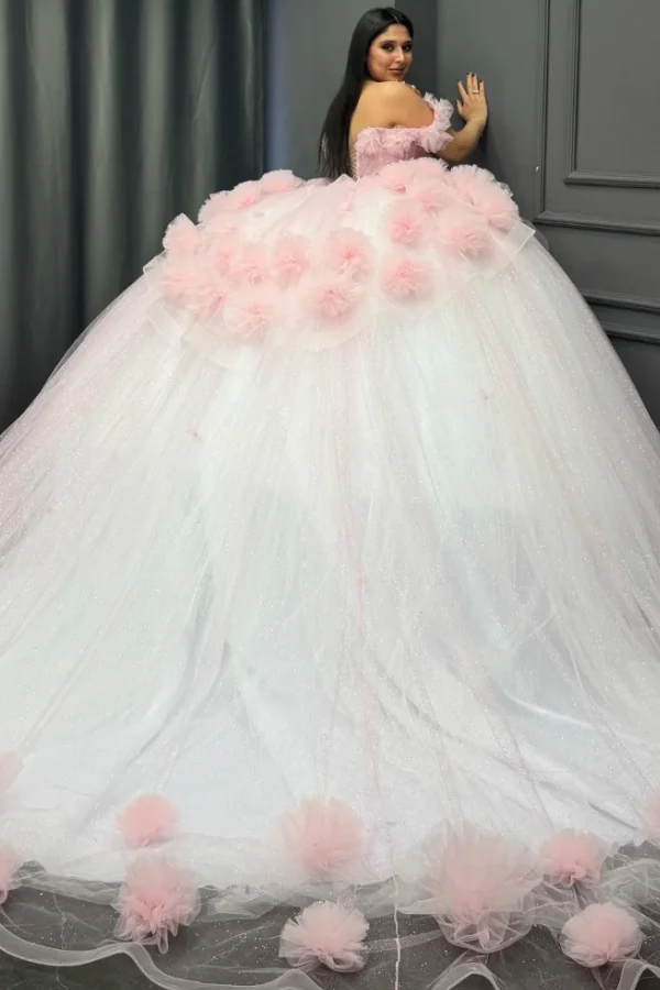 Off Shoulder Sleeveless Beaded 3D Flower White Quinceanera Dress for Sweet 16