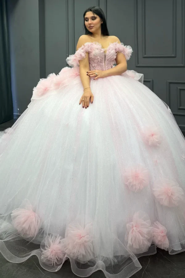 Off Shoulder Sleeveless Beaded 3D Flower White Quinceanera Dress for Sweet 16