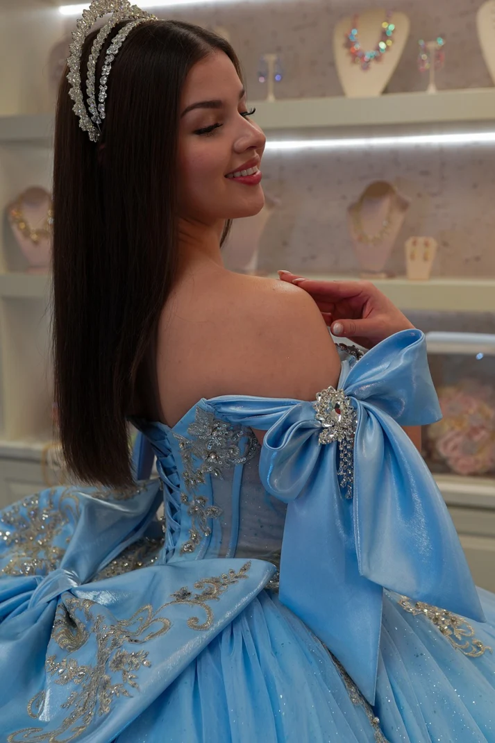 Off Shoulder Sleeveless Beaded Crystal Silver Appliques Bow Knot Blue Sweet 15 Quinceañera Dress