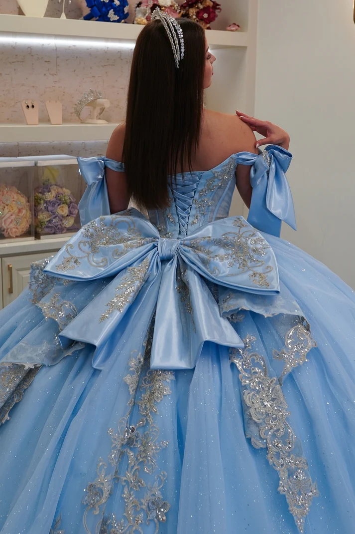 Off Shoulder Sleeveless Beaded Crystal Silver Appliques Bow Knot Blue Sweet 15 Quinceañera Dress