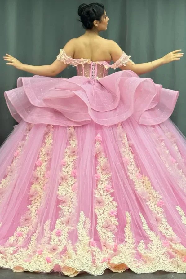 Off Shoulder Sleeveless Beaded Gold Appliques 3D Flower Pink Quinceanera Dress