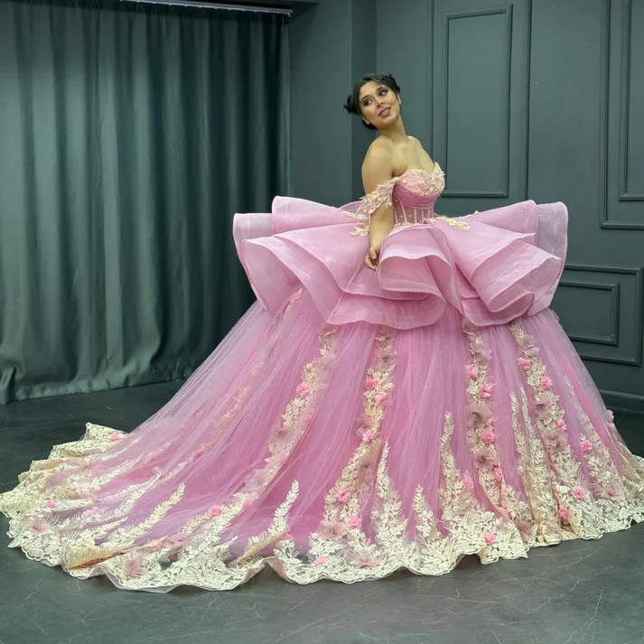 Off Shoulder Sleeveless Beaded Gold Appliques 3D Flower Pink Quinceanera Dress