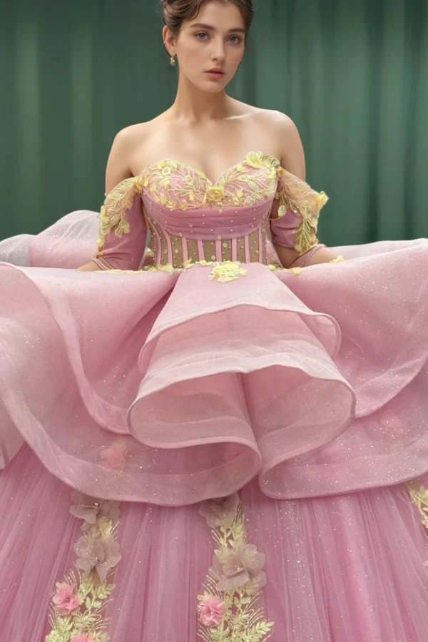 Off Shoulder Sleeveless Beaded Gold Appliques 3D Flower Pink Quinceanera Dress