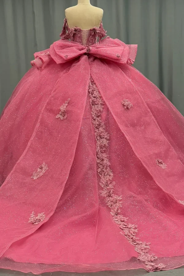 Off Shoulder Sleeveless Beaded Sequins 3D Flower Appliques Bow Knot Pink Quinceanera Dress
