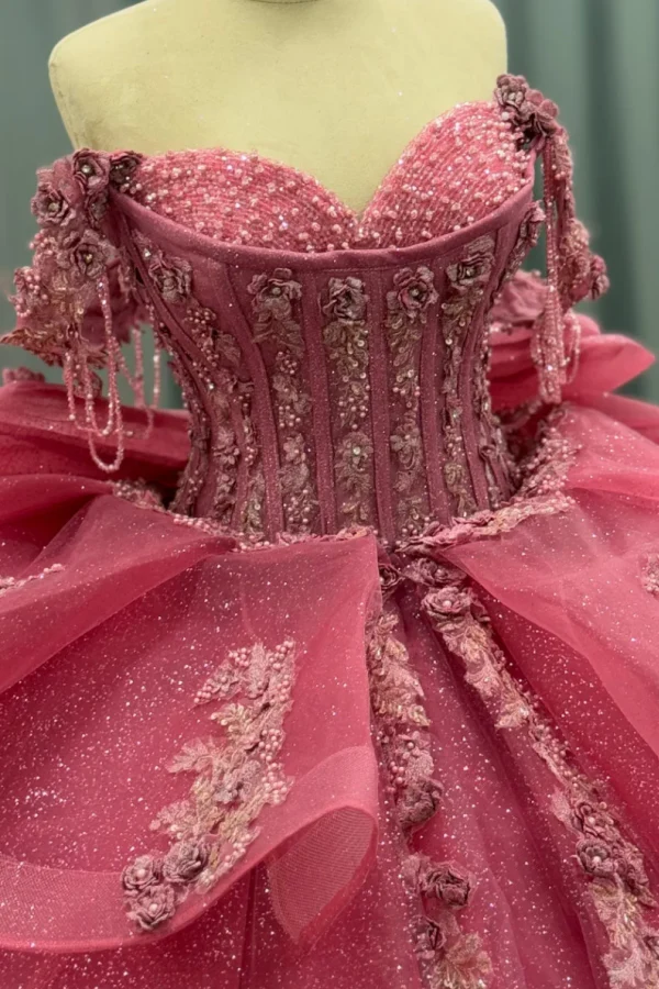 Off Shoulder Sleeveless Beaded Sequins 3D Flower Appliques Bow Knot Pink Quinceanera Dress