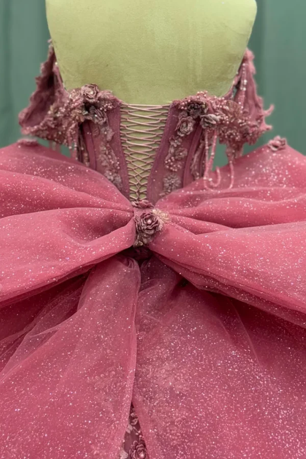 Off Shoulder Sleeveless Beaded Sequins 3D Flower Appliques Bow Knot Pink Quinceanera Dress