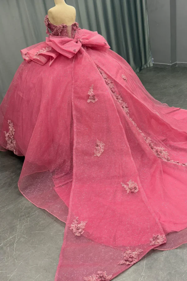 Off Shoulder Sleeveless Beaded Sequins 3D Flower Appliques Bow Knot Pink Quinceanera Dress