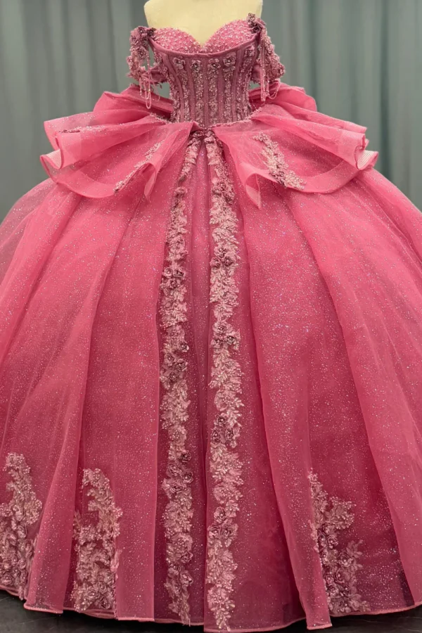 Off Shoulder Sleeveless Beaded Sequins 3D Flower Appliques Bow Knot Pink Quinceanera Dress