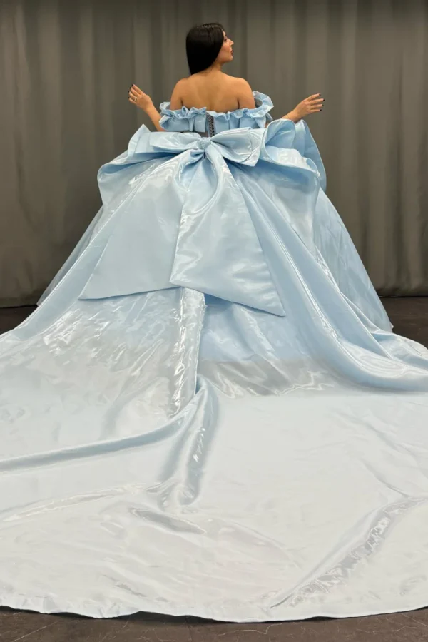 Off Shoulder Sleeveless Beaded Sequins Appliques Bow Knot Blue Quinceanera Dress