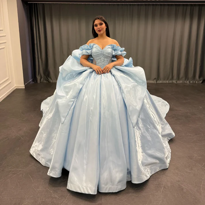 Off Shoulder Sleeveless Beaded Sequins Appliques Bow Knot Blue Quinceanera Dress