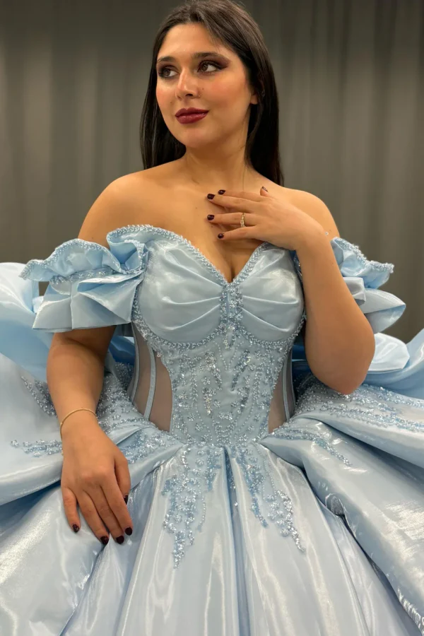 Off Shoulder Sleeveless Beaded Sequins Appliques Bow Knot Blue Quinceanera Dress