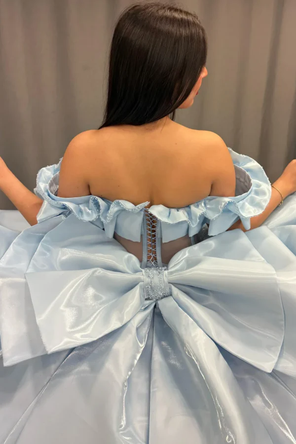 Off Shoulder Sleeveless Beaded Sequins Appliques Bow Knot Blue Quinceanera Dress