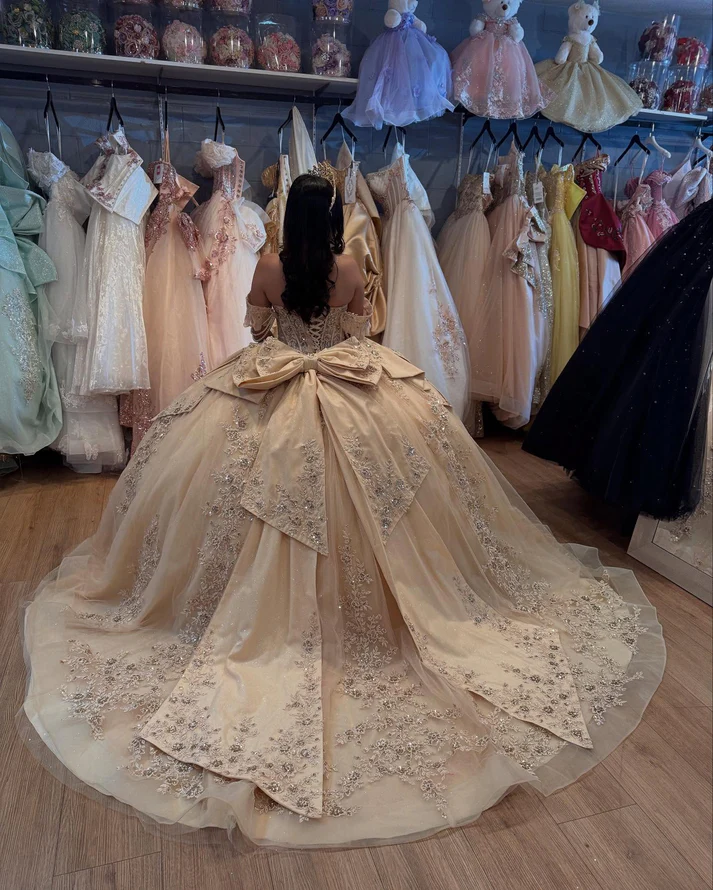Off Shoulder Sleeveless Beaded Sequins Appliques Bow Knot Champagne Sweet 15 Quinceañera Dress