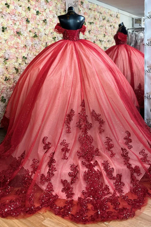 Off Shoulder Sleeveless Beaded Sequins Appliques Red Quinceanera Dress for Sweet 16