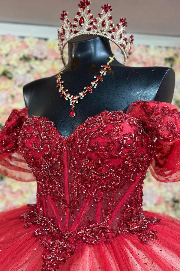 Off Shoulder Sleeveless Beaded Sequins Appliques Red Quinceanera Dress for Sweet 16