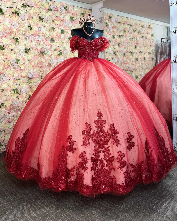 Off Shoulder Sleeveless Beaded Sequins Appliques Red Quinceanera Dress for Sweet 16