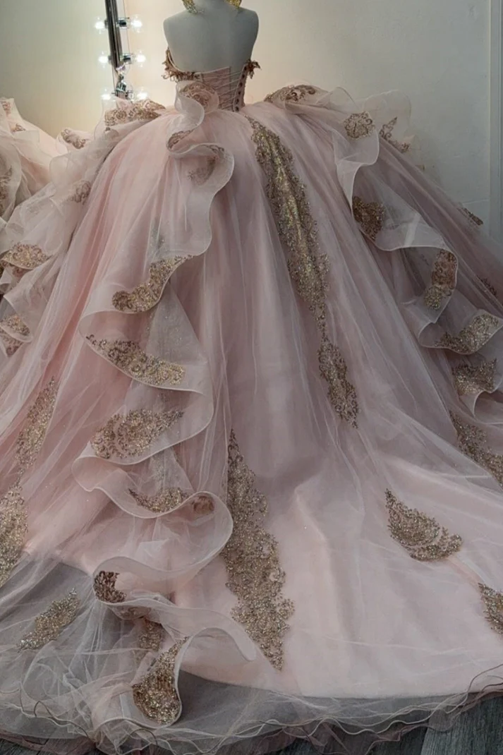 Off Shoulder Sleeveless Beaded Sequins Appliques Ruffles Pink Sweet 15 Quinceañera Dress