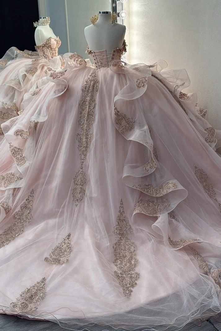 Off Shoulder Sleeveless Beaded Sequins Appliques Ruffles Pink Sweet 15 Quinceañera Dress