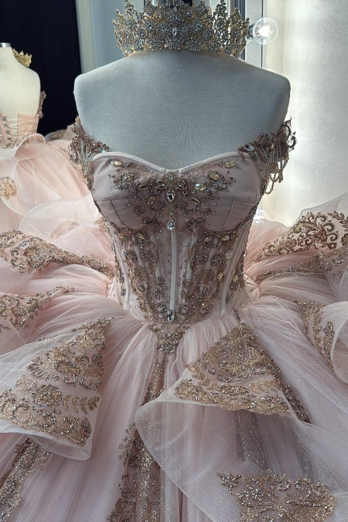 Off Shoulder Sleeveless Beaded Sequins Appliques Ruffles Pink Sweet 15 Quinceañera Dress