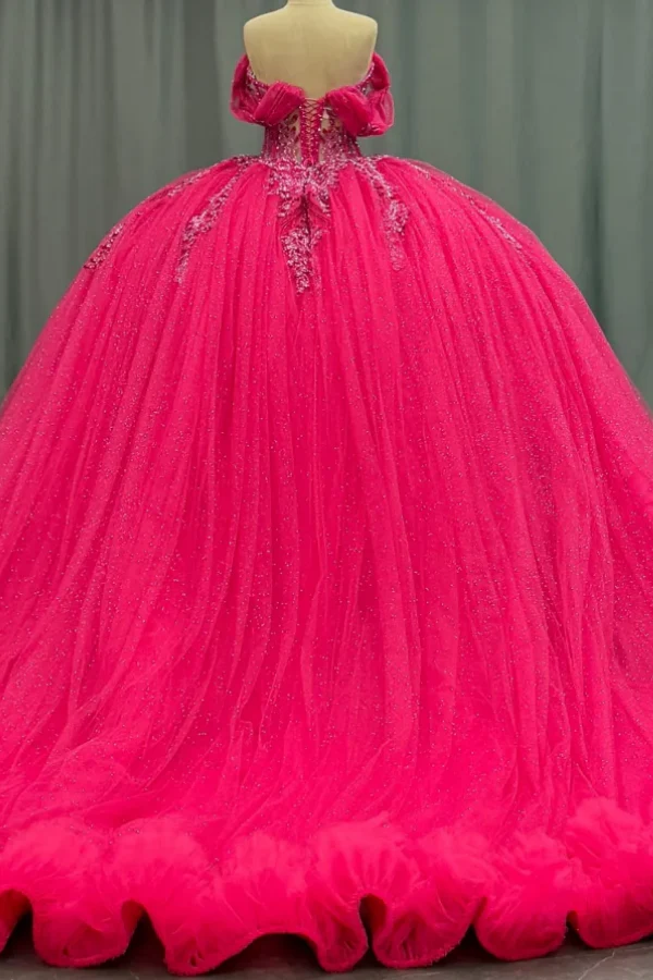 Off Shoulder Sleeveless Beaded Sequins Fuchsia Quinceanera Dress for Sweet 16
