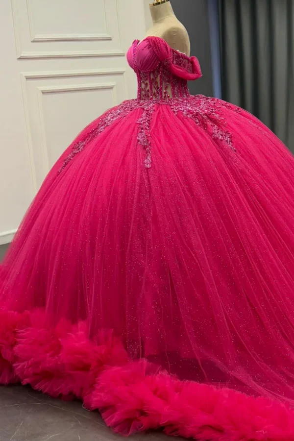 Off Shoulder Sleeveless Beaded Sequins Fuchsia Quinceanera Dress for Sweet 16