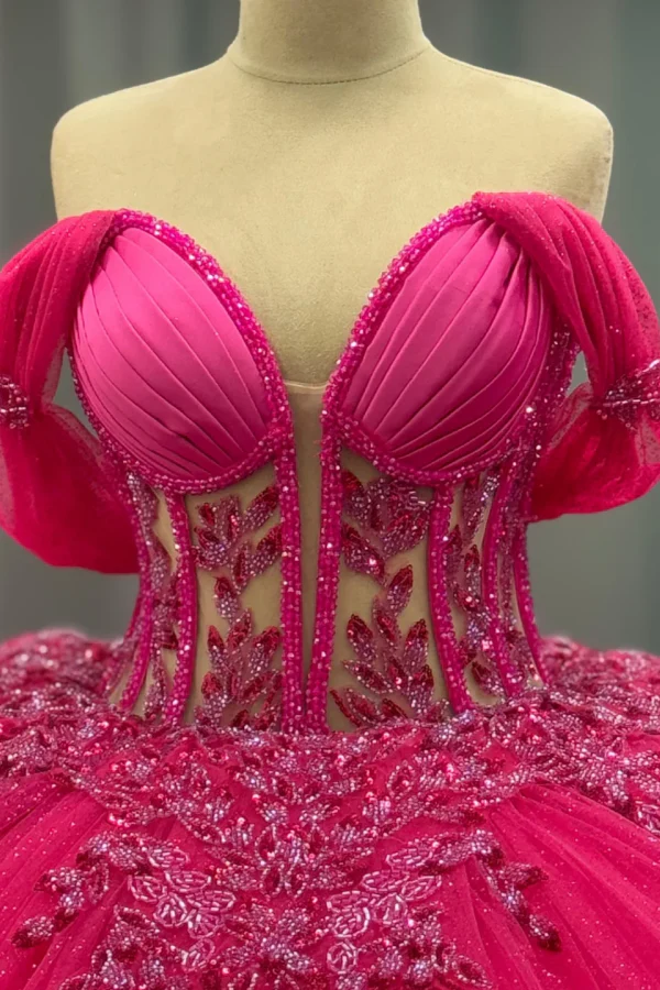 Off Shoulder Sleeveless Beaded Sequins Fuchsia Quinceanera Dress for Sweet 16