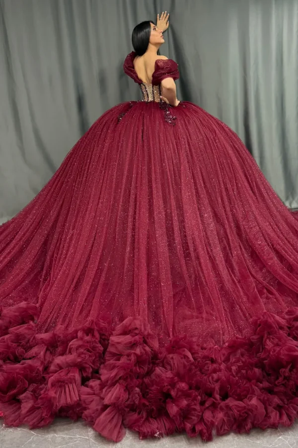 Off Shoulder Sleeveless Burgundy Quinceañera Dress with Beaded Appliques
