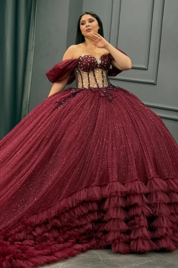Off Shoulder Sleeveless Burgundy Quinceañera Dress with Beaded Appliques