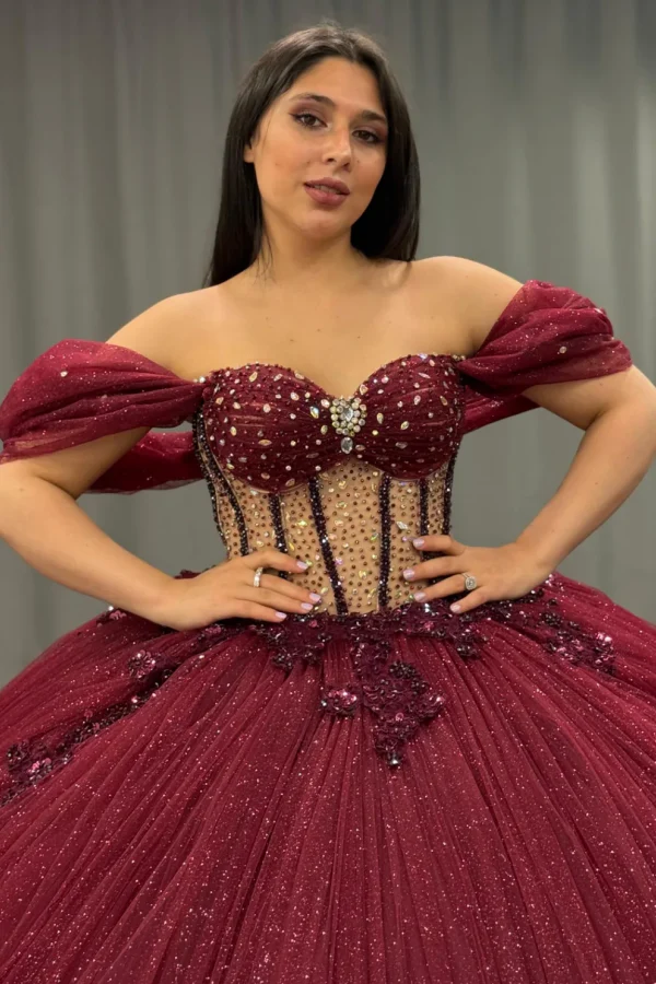 Off Shoulder Sleeveless Burgundy Quinceañera Dress with Beaded Appliques