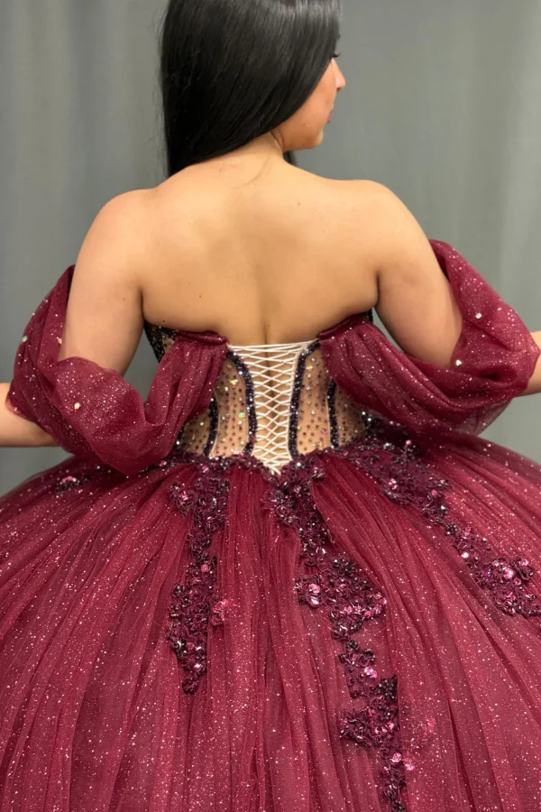 Off Shoulder Sleeveless Burgundy Quinceañera Dress with Beaded Appliques