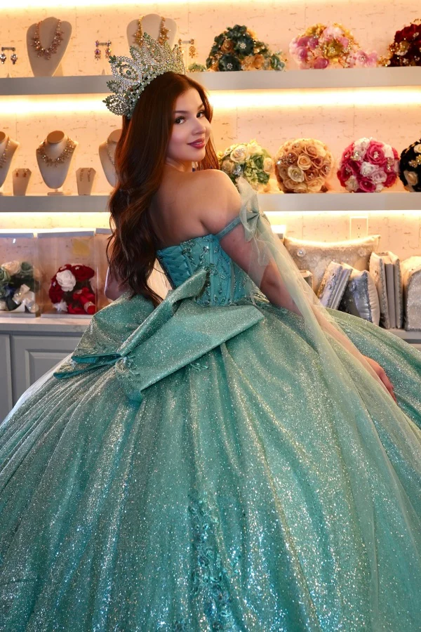 Off Shoulder Sleeveless Green Quinceañera Dress with Sequins Appliques Pleated Bow Knot